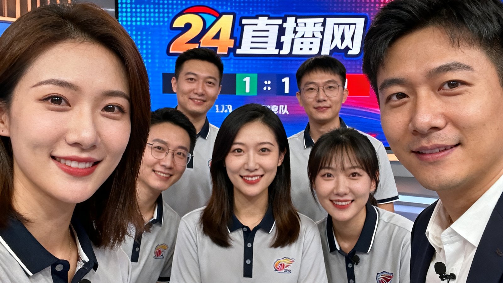 24直播网团队在演播室的合影，背后大屏显示实时比分