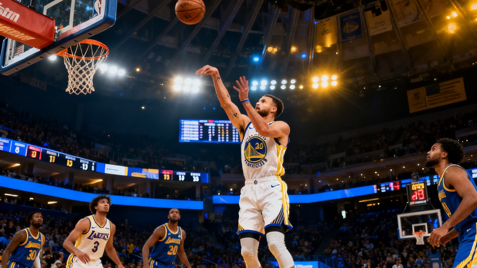 NBA勇士对阵湖人库里投进三分球的高光集锦