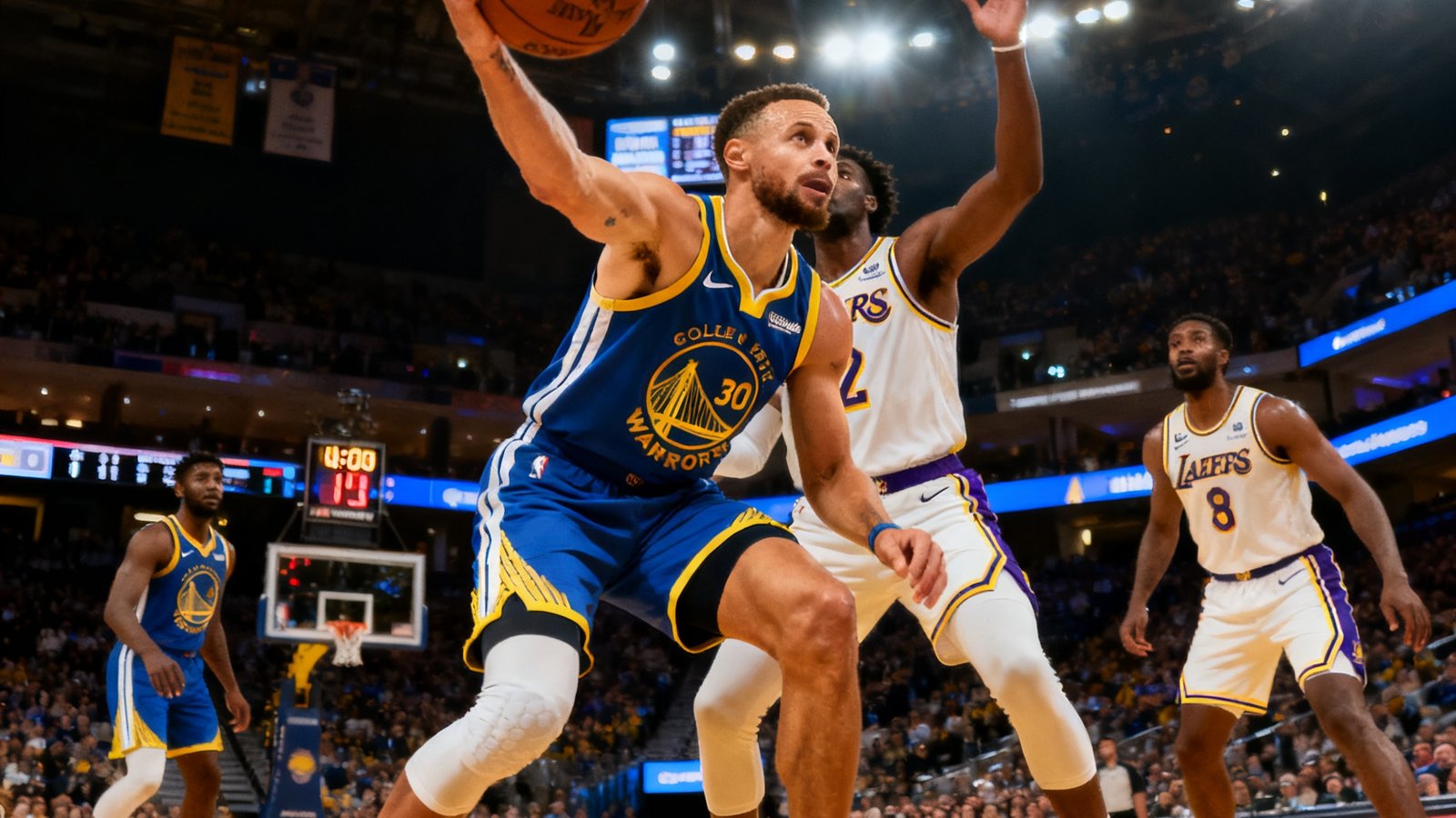 NBA湖人队与勇士队比赛直播截图，库里三分出手